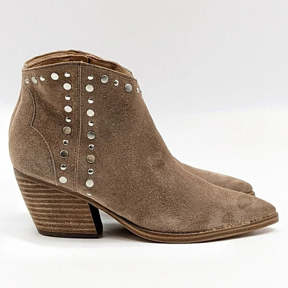 New MARC FISHER Deni Suede Stud Western Booties 7.5 Taupe Brown